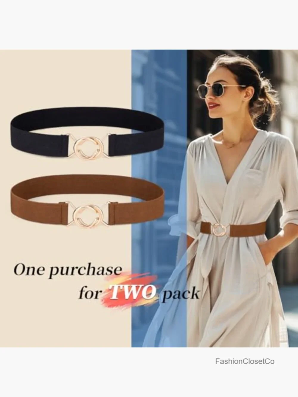 2 Pack Elastic Waist Belts for Women with Gold Buckle, Stretchy Dress Belt